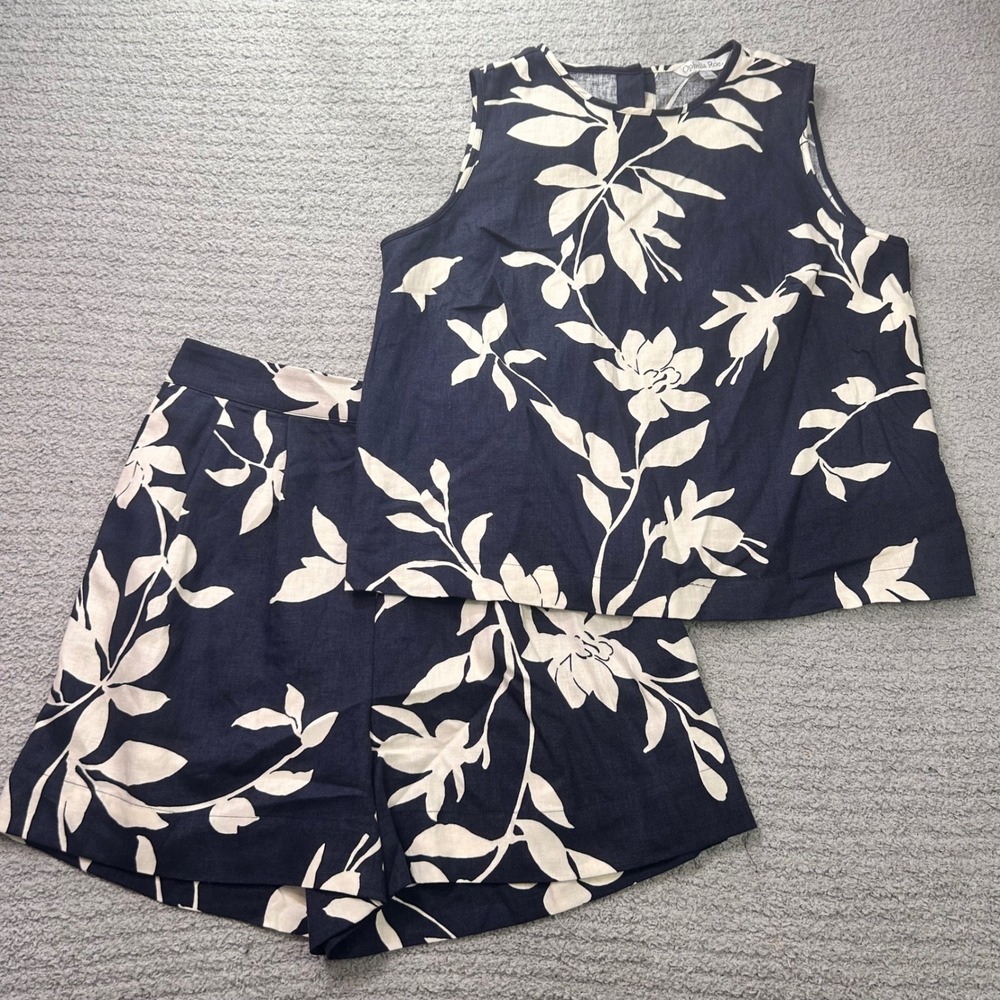 Ophelia Roe Floral Linen Blend Set Navy White S Coastal Vacation Minimalist Chic